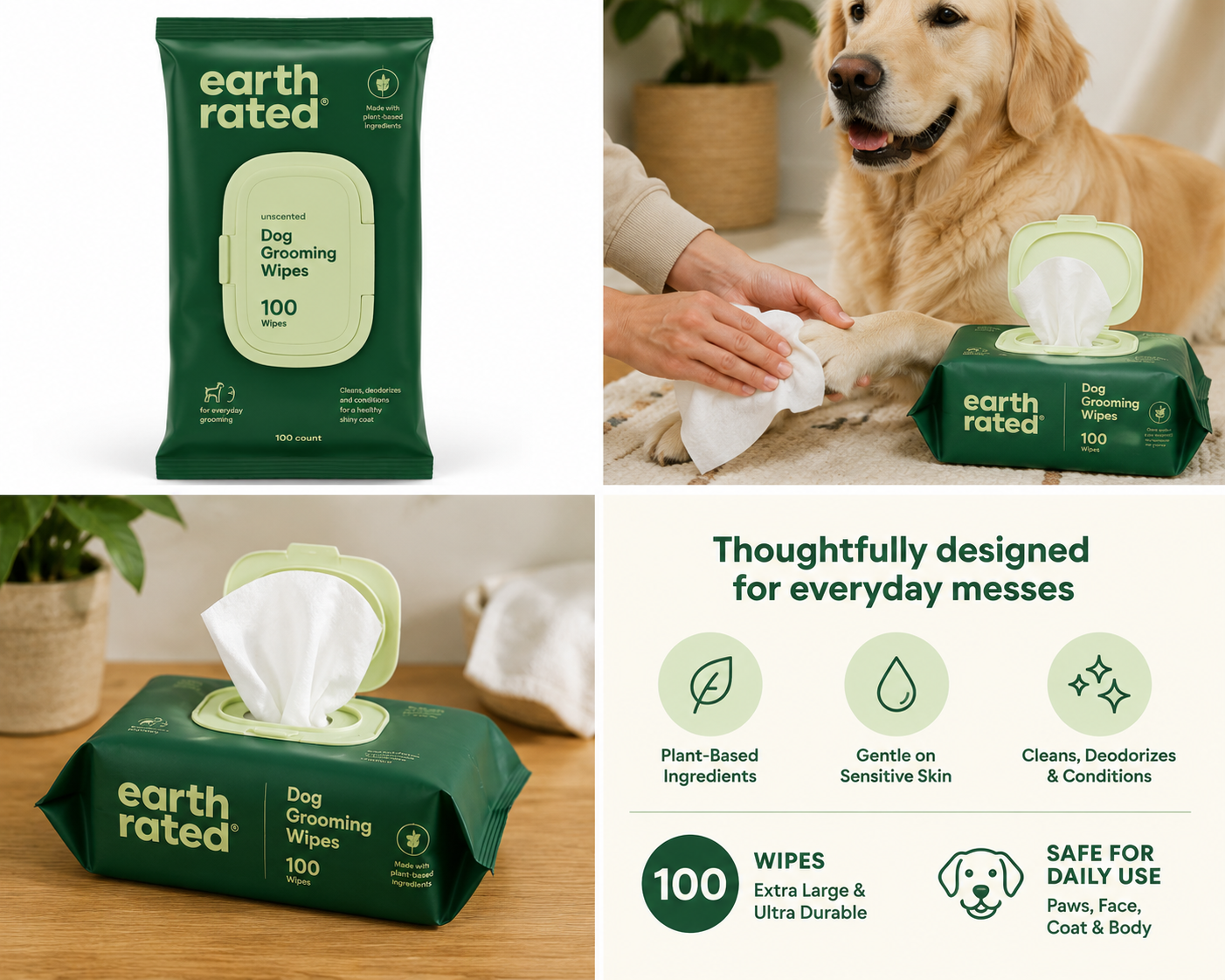 Earth Rated Dog Grooming Wipes - 100 Count