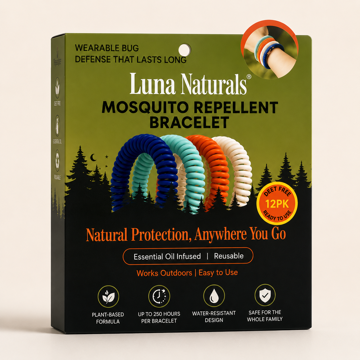 Natural Mosquito Repellent Bracelets - 12 Pack | DEET-Free Outdoor Protection for Kids & Adults