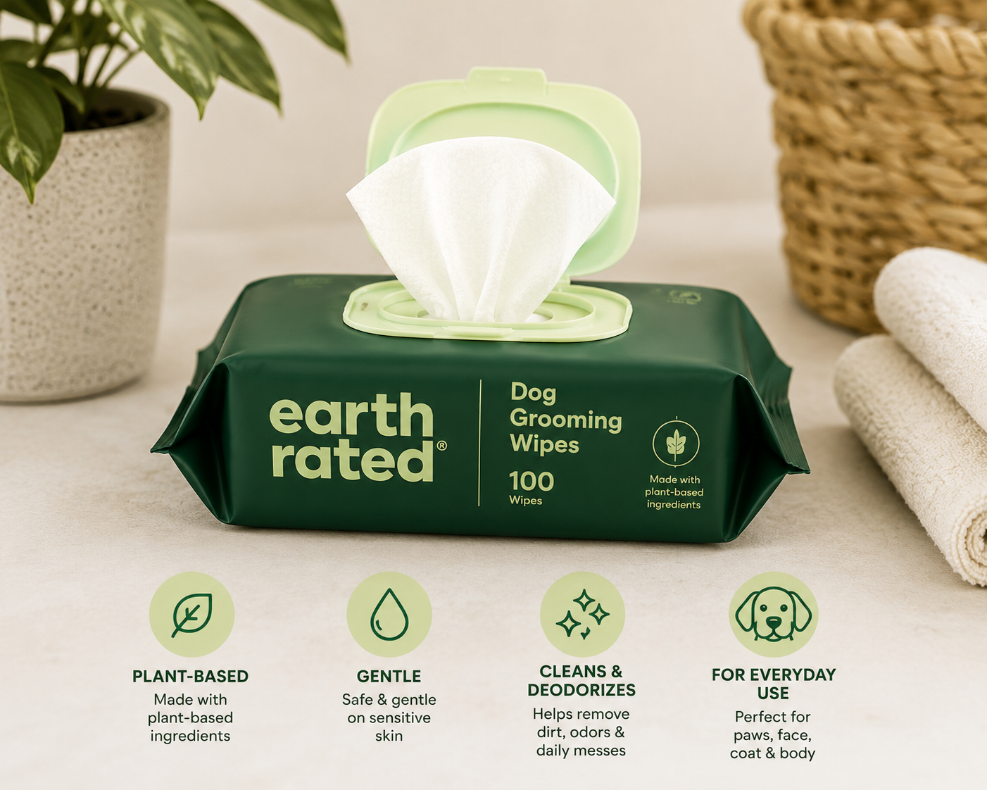 Earth Rated Dog Grooming Wipes - 100 Count