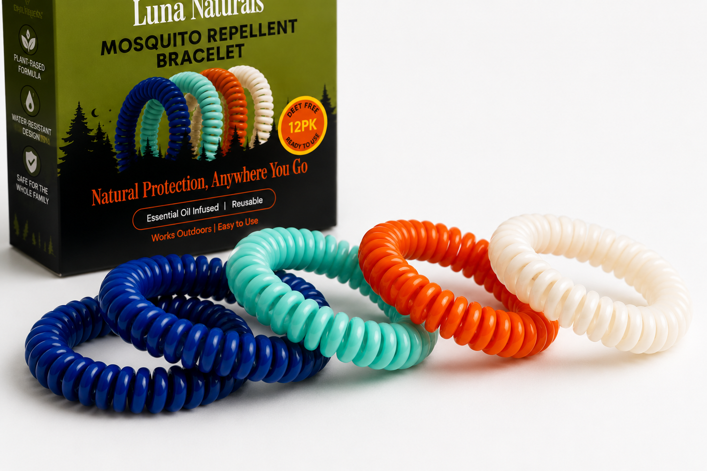 Natural Mosquito Repellent Bracelets - 12 Pack | DEET-Free Outdoor Protection for Kids & Adults